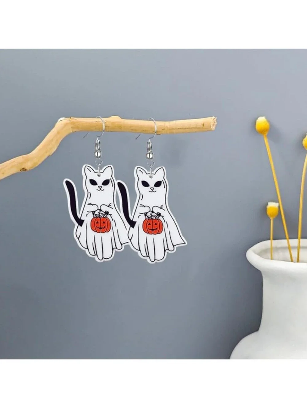 Halloween Ghost Cat Earrings - White Ghost Cat with Orange Pumpkin
